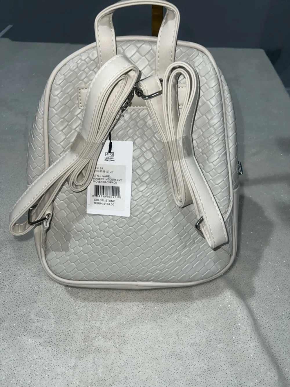 London Fog Stone colored Textured Backpack purse with Silver Logo NWT